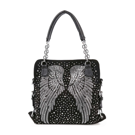 The Stunning Rhinestone Wing Design Shoulder Bag features black faux leather, silver chain straps, and sparkling rhinestones forming angel wings with dotted patterns on the front.