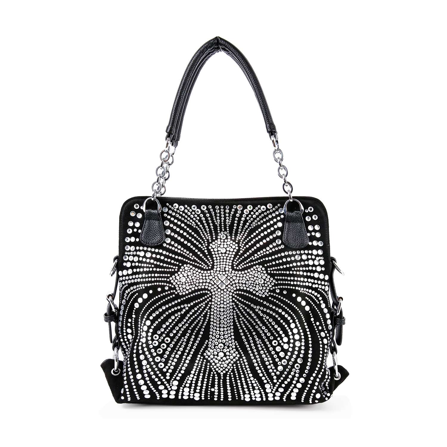 The Rhinestone Cross Fashion Shoulder Bag is a black faux leather design with silver rhinestone studs forming a radiant pattern around a central cross, and features dual handles plus stylish chain straps.