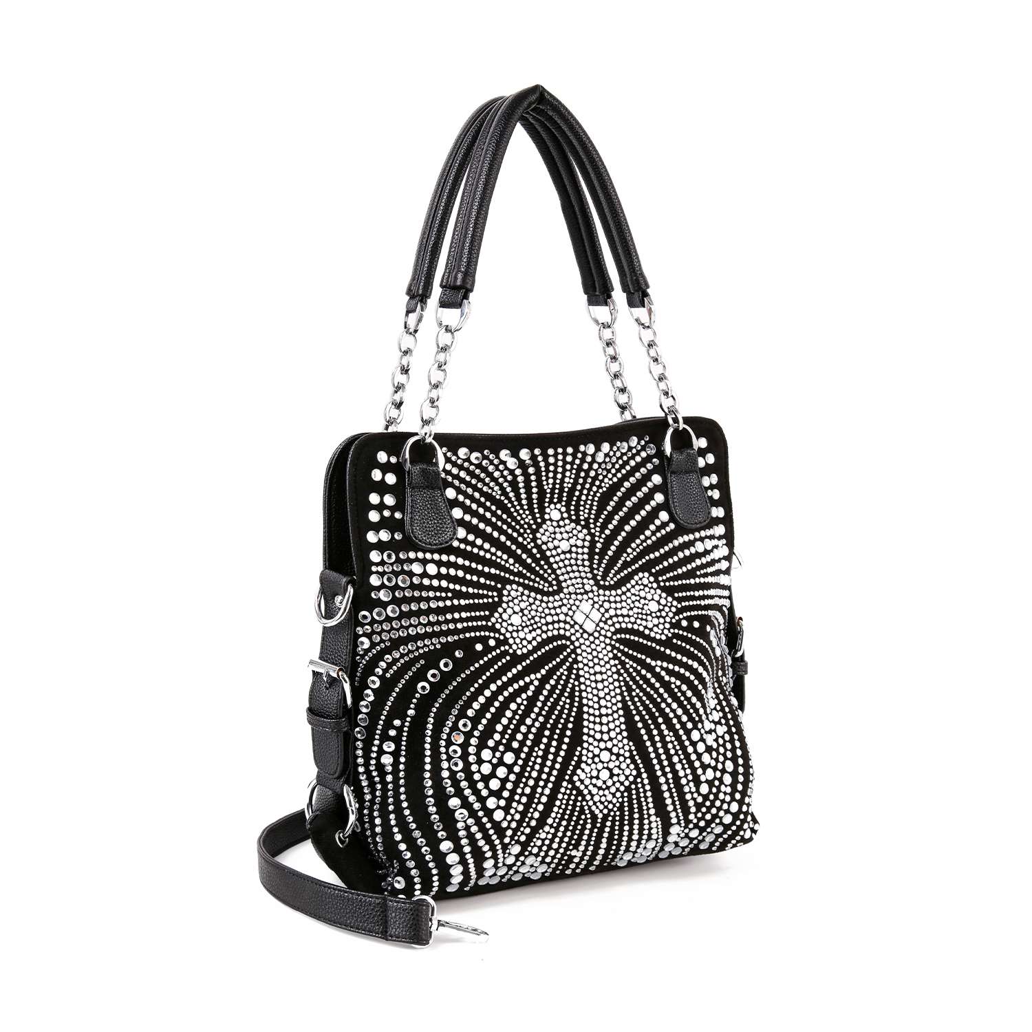 The Rhinestone Cross Fashion Shoulder Bag is a black faux leather handbag with dual handles, silver chain accents, a large rhinestone cross design with radiating patterns, and a detachable strap for versatile use.