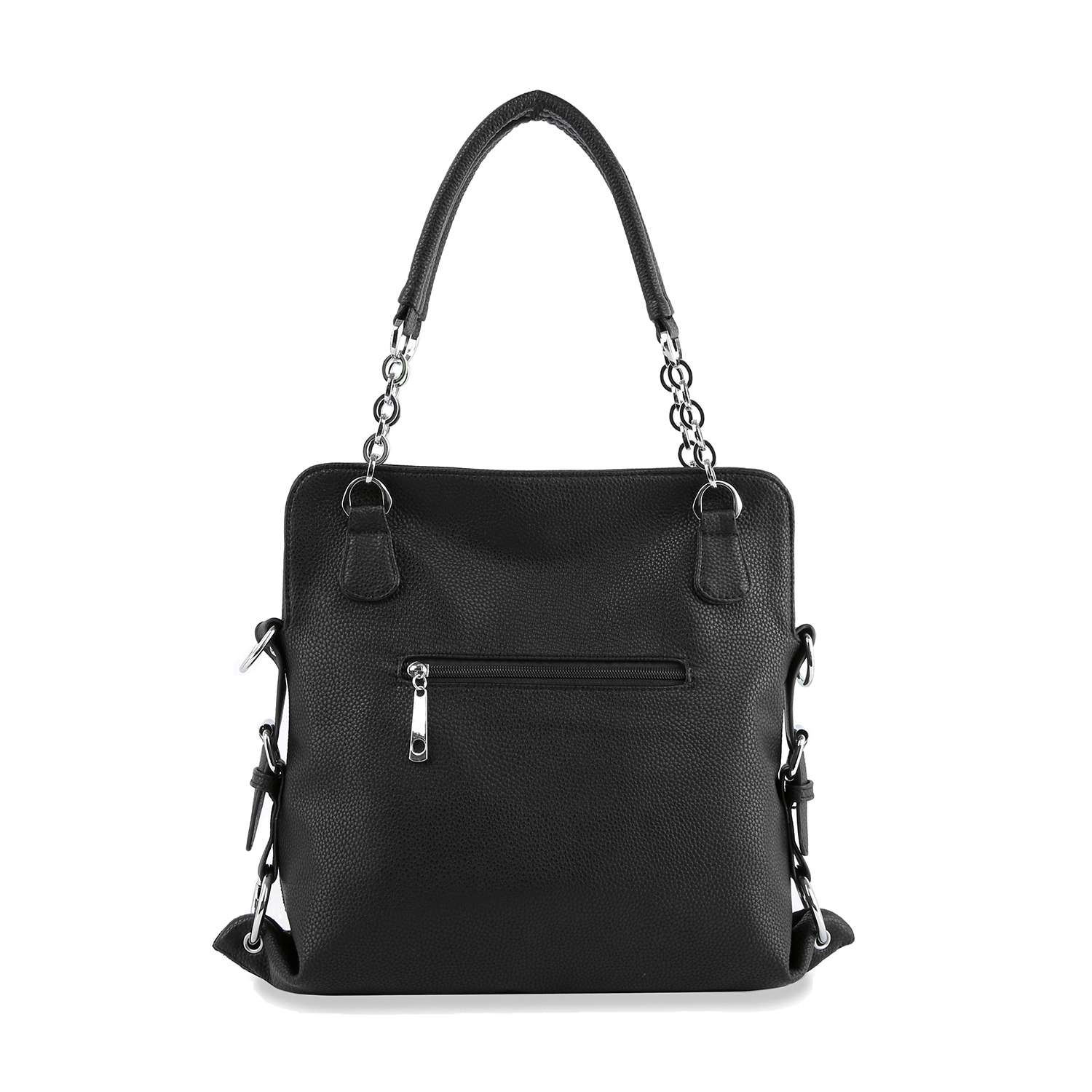 The Rhinestone Cross Fashion Shoulder Bag is a black faux leather handbag with a top handle, silver chain accents, front zippered pocket, and side buckles, displayed upright against a white background.