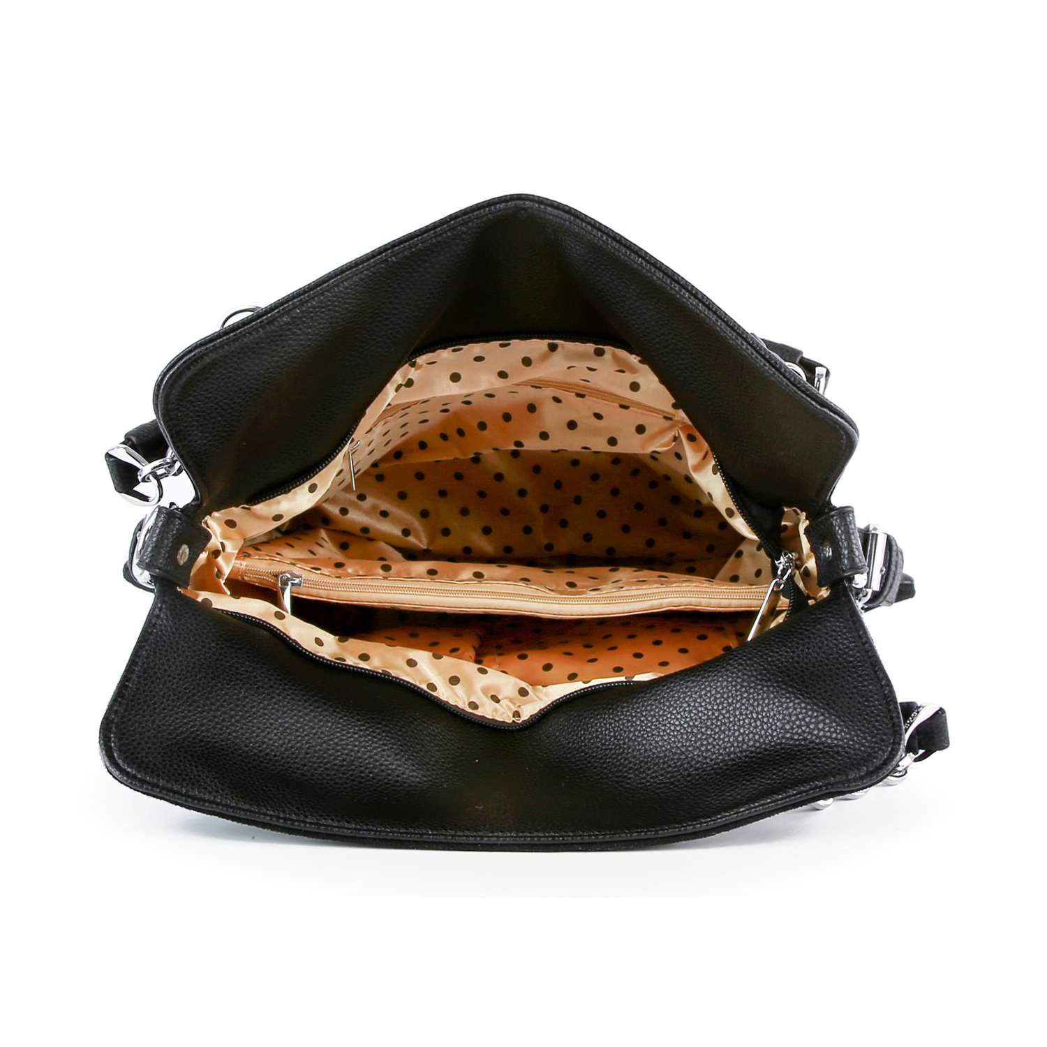 The Rhinestone Cross Fashion Shoulder Bag is a black faux leather bag shown from above, revealing its beige polka-dot fabric interior with multiple compartments and zippered pockets for easy organization.