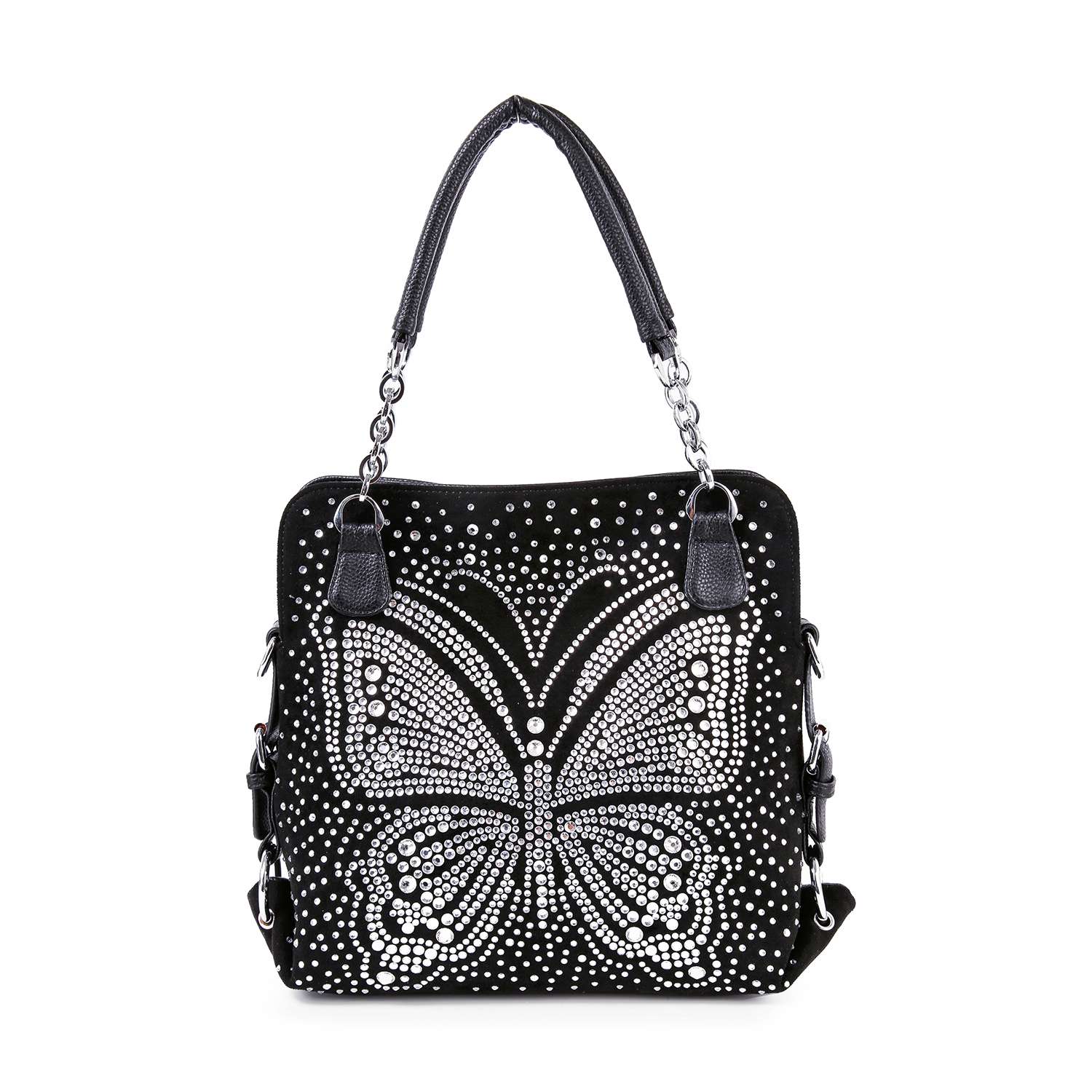 The Dazzling Rhinestone Butterfly Shoulder Bag is a black faux leather bag with two handles, featuring a central rhinestone butterfly design and scattered rhinestones for extra sparkle.
