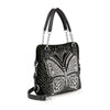 The Dazzling Rhinestone Butterfly Shoulder Bag is a black faux leather bag with double handles and a strap, featuring a bold silver rhinestone butterfly pattern and dotted accents on the front.