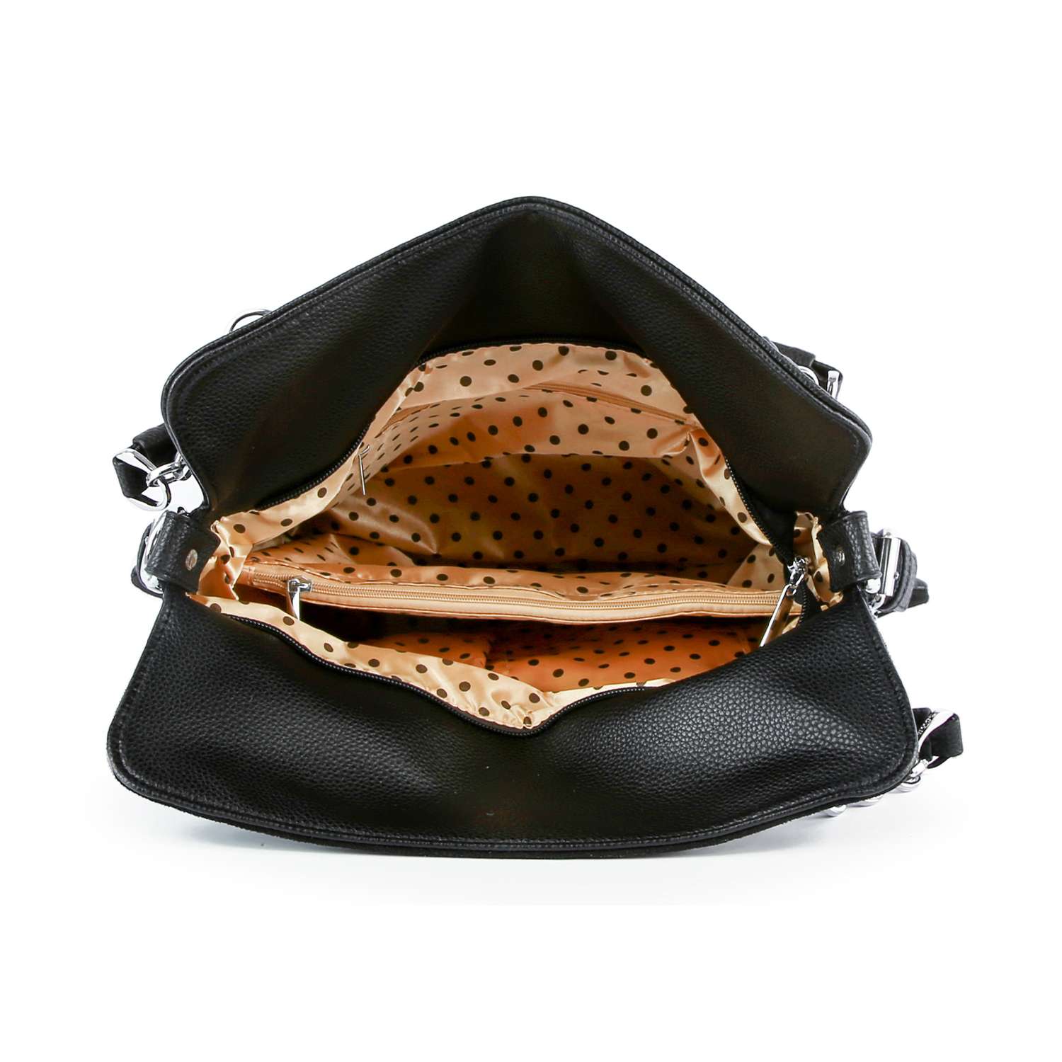 The Dazzling Rhinestone Butterfly Shoulder Bag features an open black faux leather design with a beige polka dot fabric lining and multiple zippered and open compartments inside.