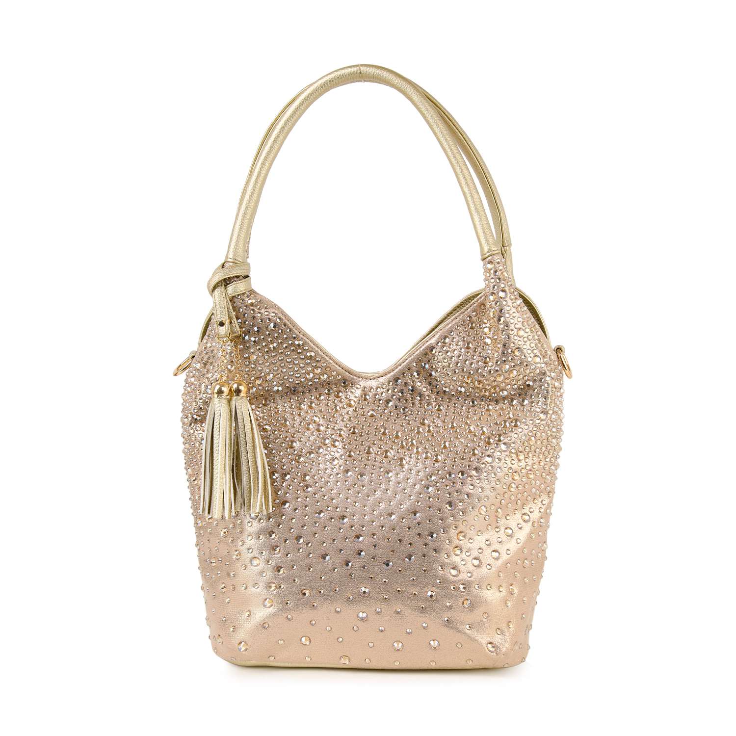 The Glamorous Rhinestone Tall Shoulder Bag is a gold faux leather handbag with dual handles, adorned with shiny rhinestones and a gold tassel; tablet compatible for daily use.
