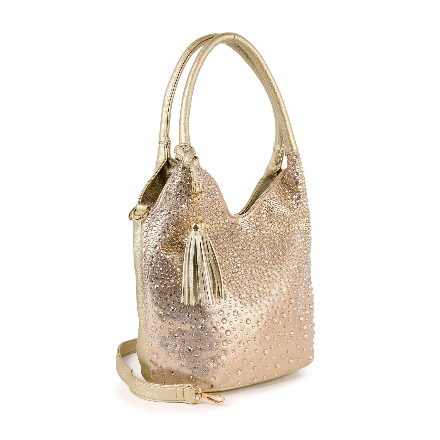 The Glamorous Rhinestone Tall Shoulder Bag is a gold metallic faux leather handbag with shiny studs, a matching gold tassel, adjustable shoulder strap, and tablet compatibility, shown on a white background.