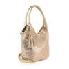 The Glamorous Rhinestone Tall Shoulder Bag is a gold metallic faux leather handbag with shiny studs, a matching gold tassel, adjustable shoulder strap, and tablet compatibility, shown on a white background.