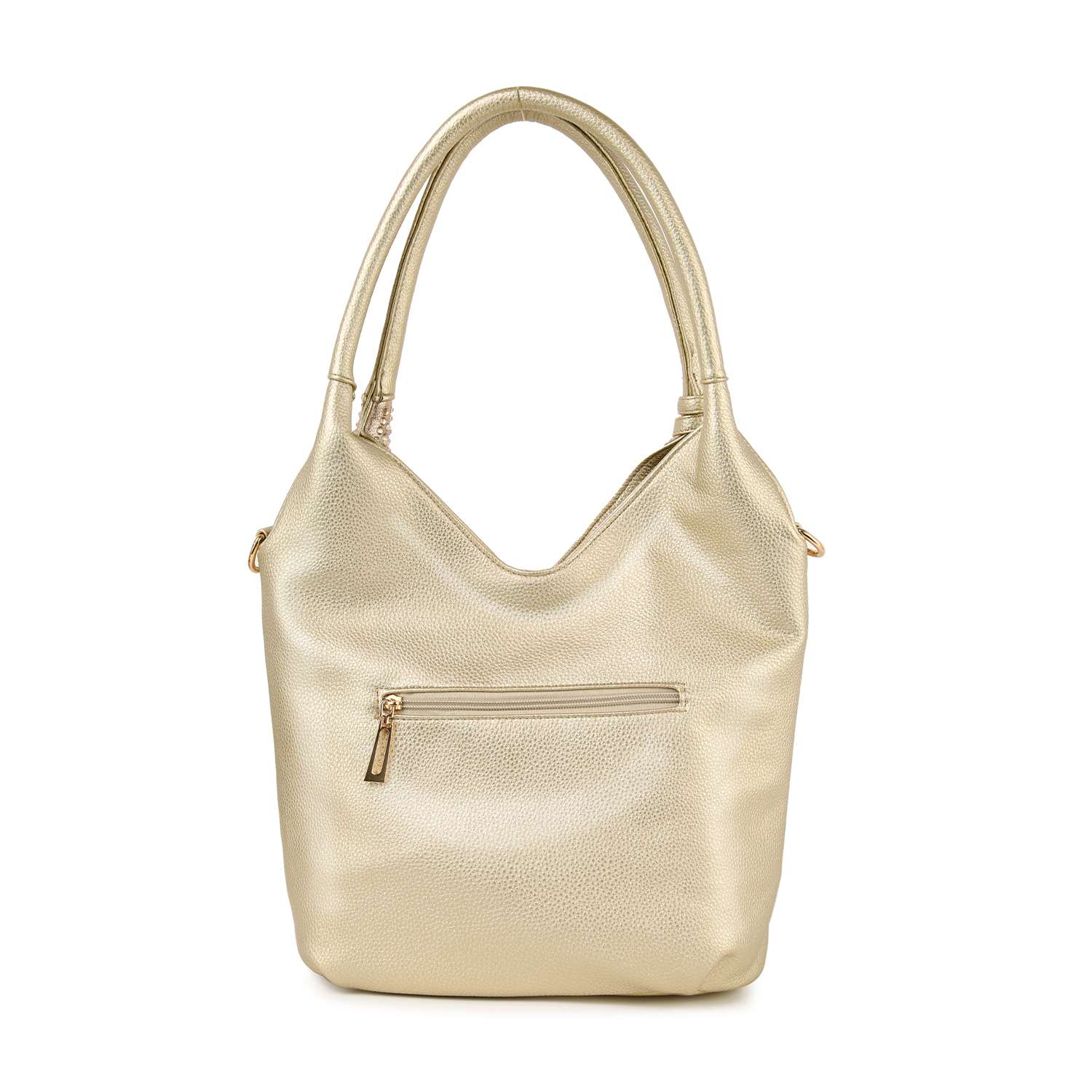 The Glamorous Rhinestone Tall Shoulder Bag features gold textured faux leather, twin shoulder straps, a V-shaped opening, a front zippered pocket with a gold zipper, and is stylish and tablet compatible.