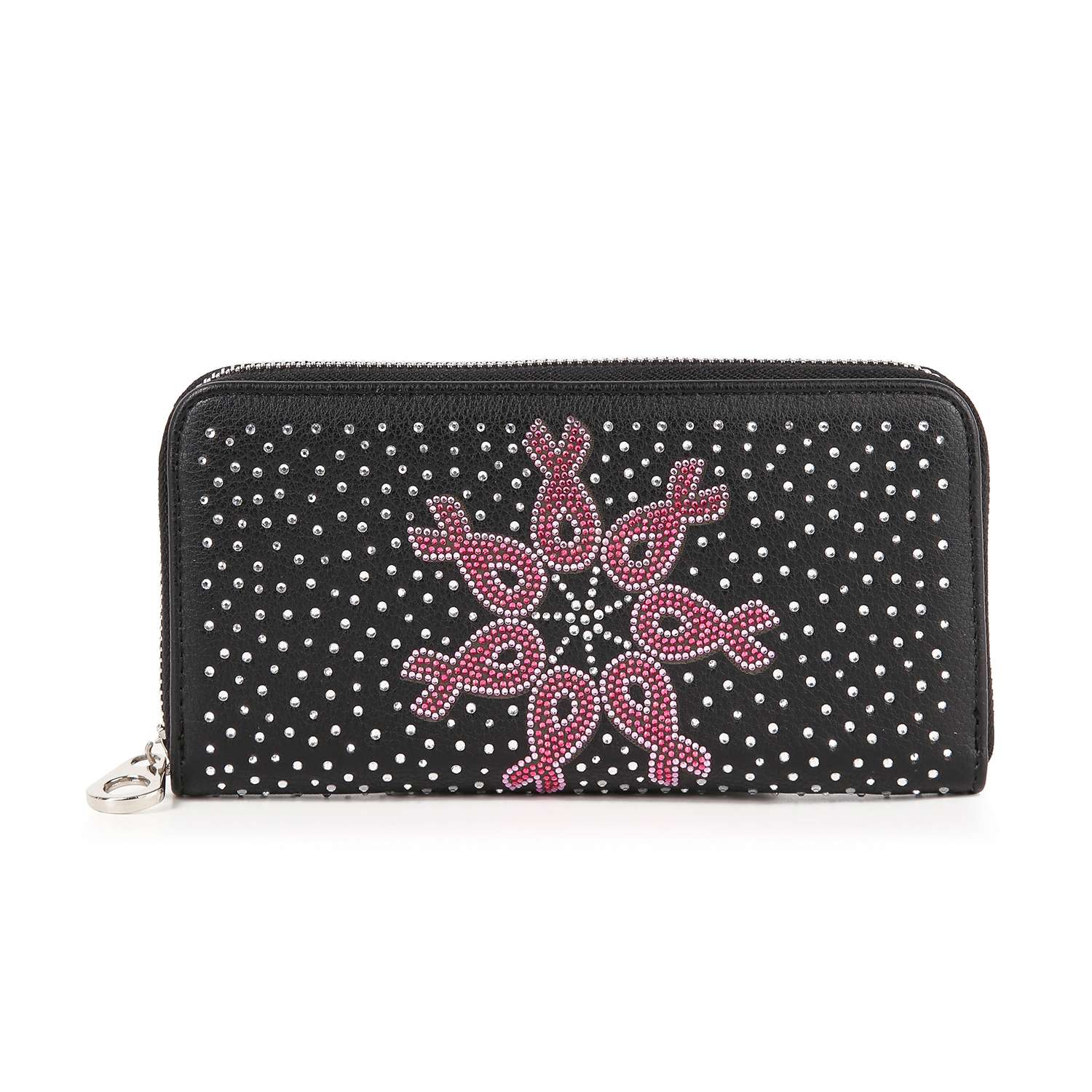 The Pink Ribbon Accordion Wallet is a black zip-around wallet with silver studs and a star-shaped pattern of pink rhinestone ribbons—perfect for showing your support for breast cancer awareness.