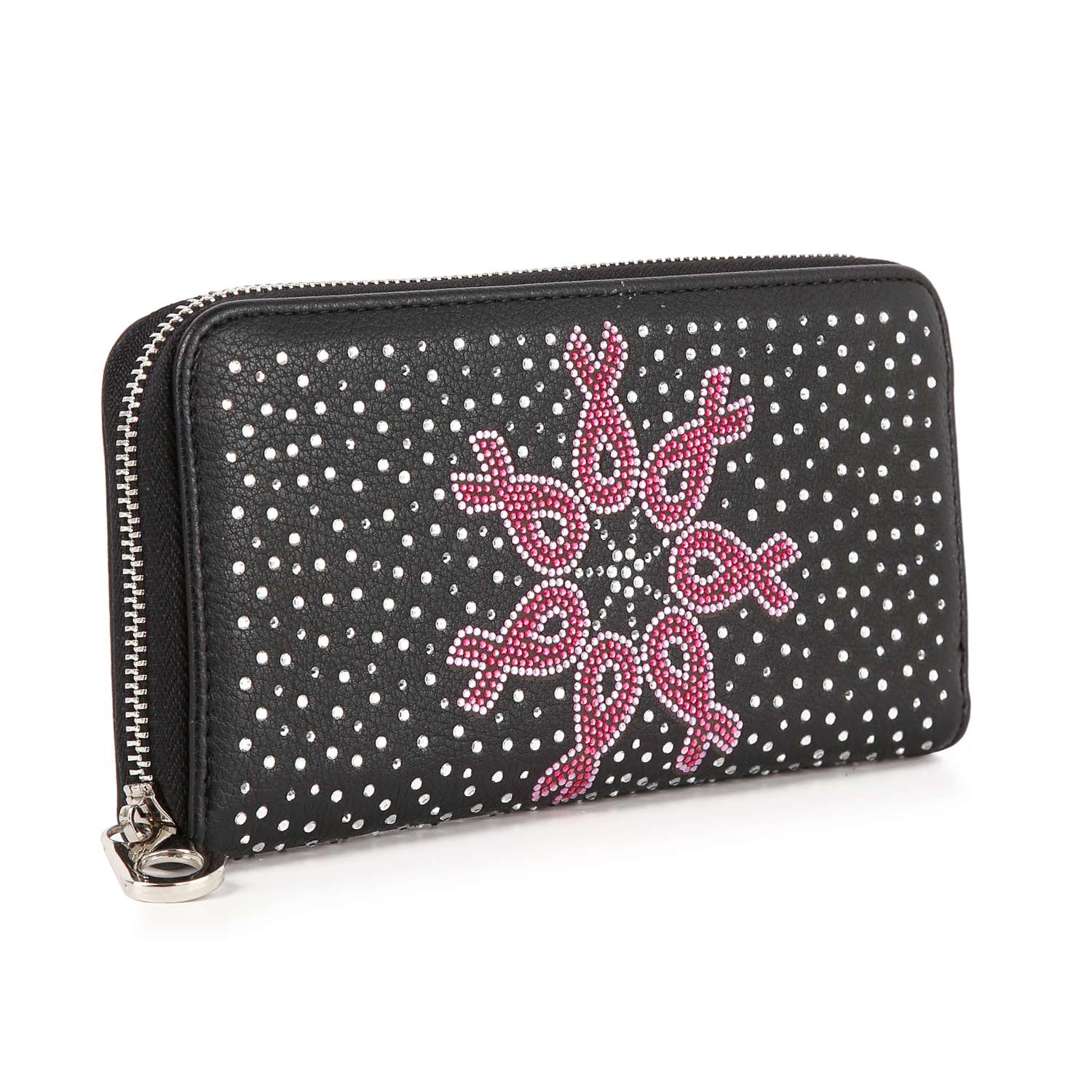 The Pink Ribbon Accordion Wallet is a black zip-around wallet with white polka dots and pink rhinestone awareness ribbons in a central circle—perfect for showing your support for breast cancer awareness.
