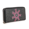 The Pink Ribbon Accordion Wallet is a black zip-around wallet with white polka dots and pink rhinestone awareness ribbons in a central circle—perfect for showing your support for breast cancer awareness.