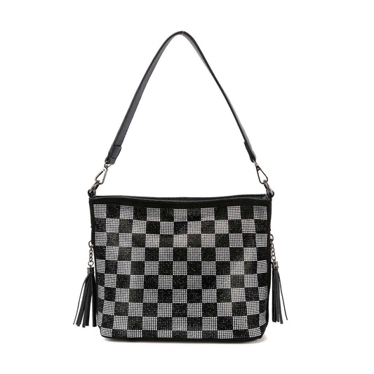 Checkerboard Rhinestone Patterned Hobo Crossbody Sling