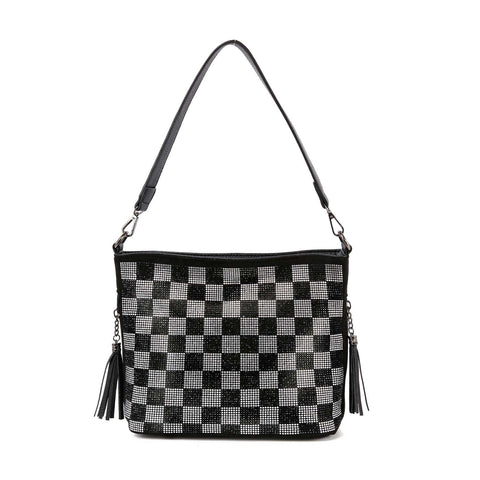 Checkerboard Rhinestone Patterned Hobo Crossbody Sling