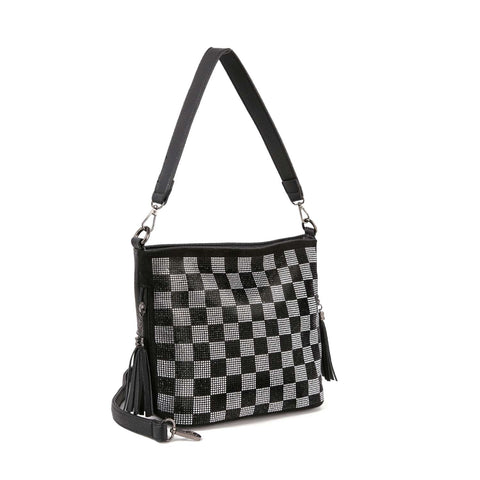 Checkerboard Rhinestone Patterned Hobo Crossbody Sling