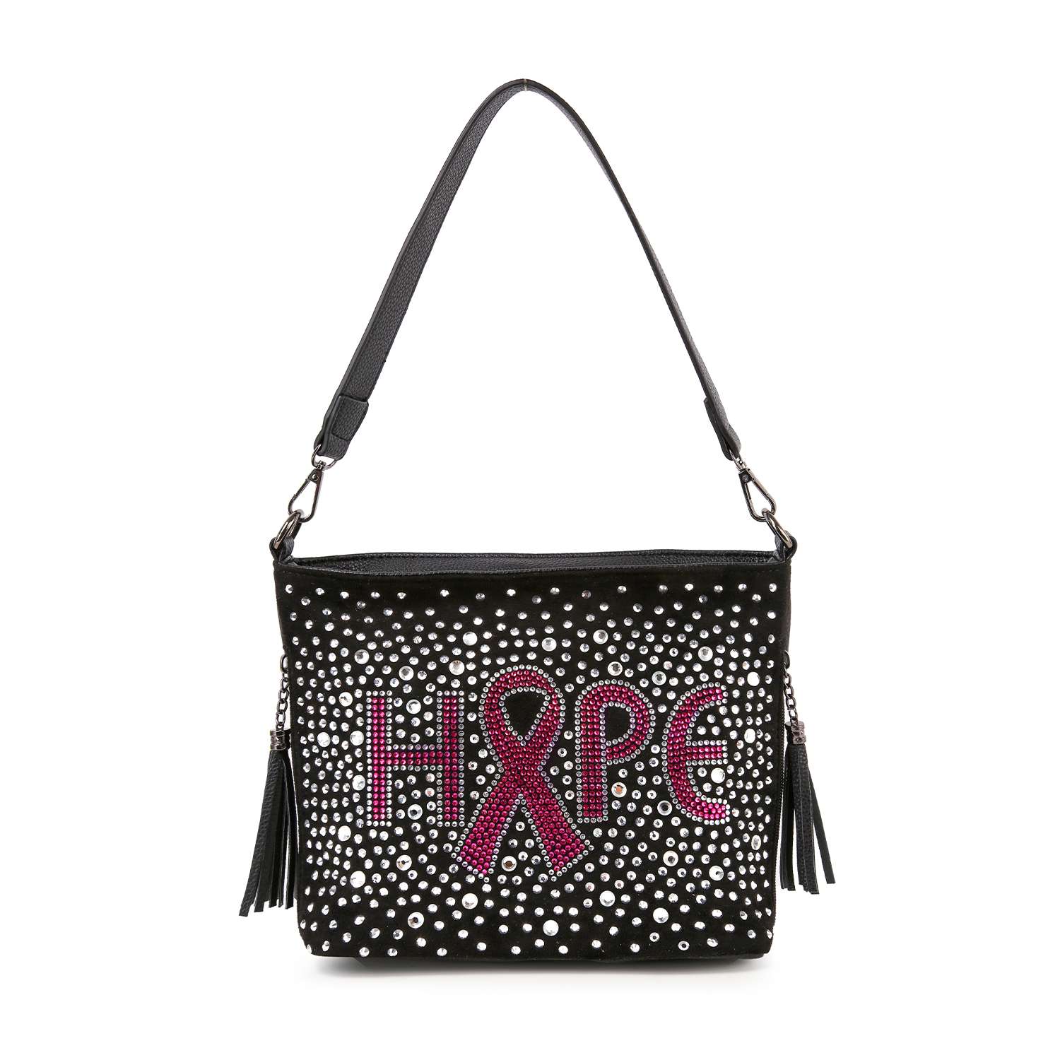 The Rhinestone Bling Breast Cancer Hobo Crossbody Sling is a black faux leather bag with white rhinestones, “HOPE” in pink with a ribbon for the O, side tassels, and an included shoulder strap.