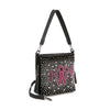 The Rhinestone Bling Breast Cancer Hobo Crossbody Sling is a black faux leather bag with pink “HOPE” rhinestones, a Breast Cancer Awareness Ribbon, silver studs, detachable strap, and tassel zipper for stylish convenience.