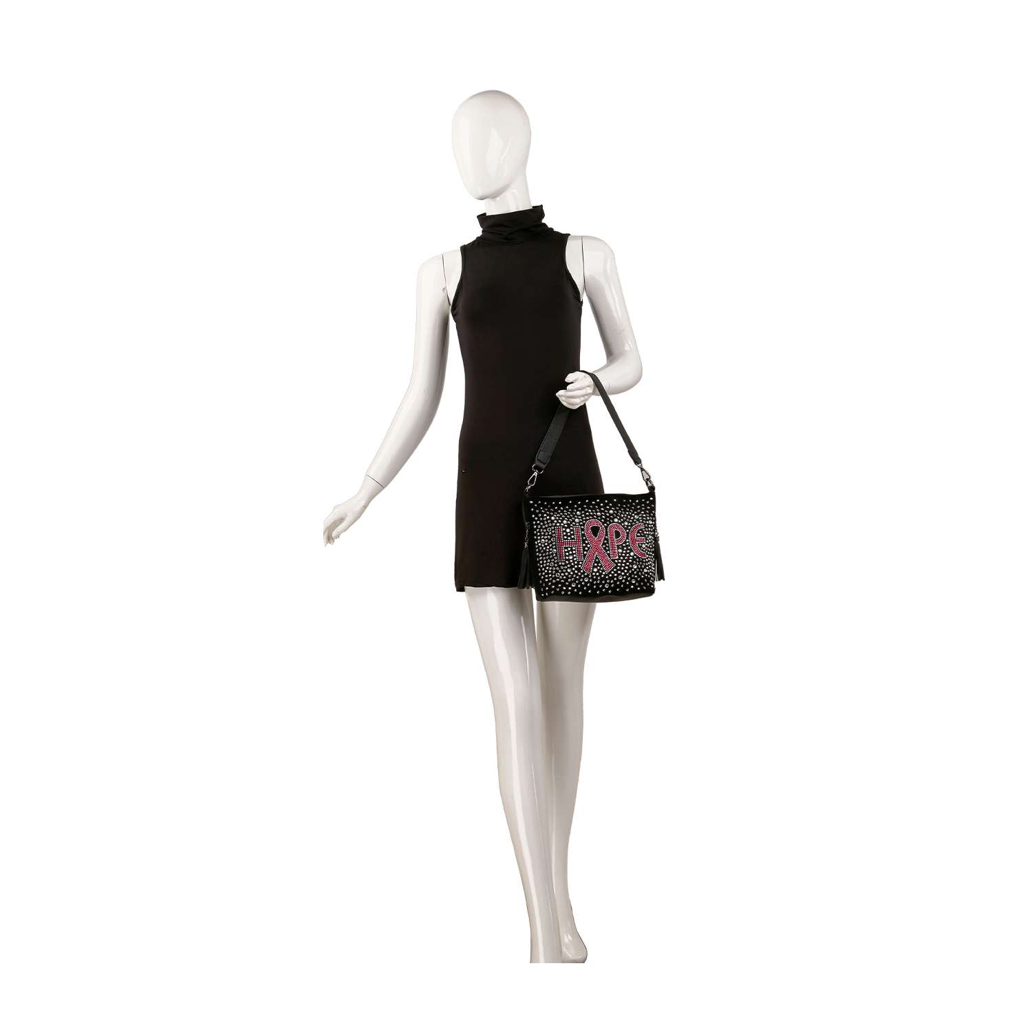A mannequin in a sleeveless black dress holds the Rhinestone Bling Breast Cancer Hobo Crossbody Sling, featuring pink and white rhinestone designs and stud embellishments, against a plain white background.