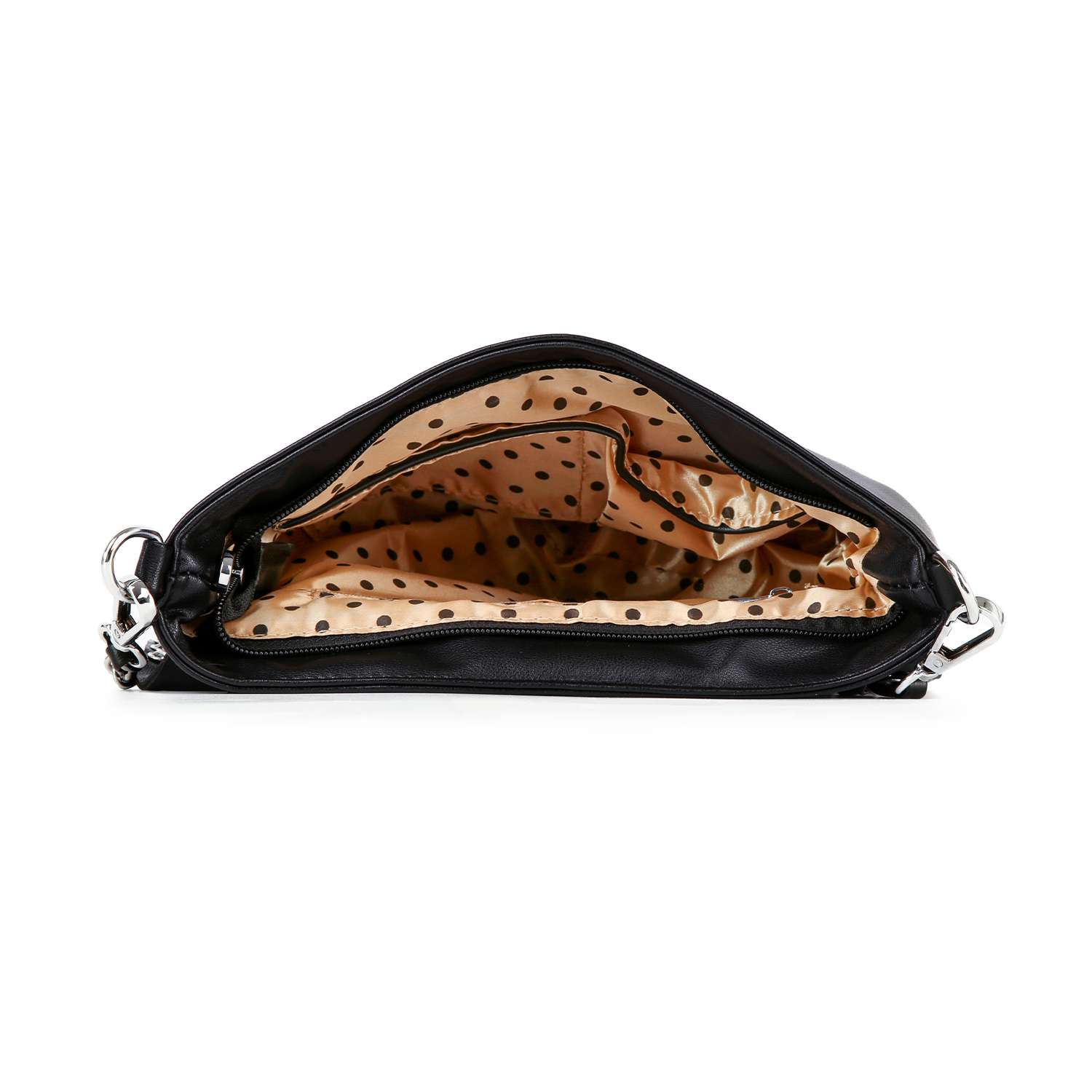 The Rhinestone Bling Breast Cancer Hobo Crossbody Sling is a black faux leather hobo bag with its top unzipped, showing a beige interior with black polka dots and several inside pockets.
