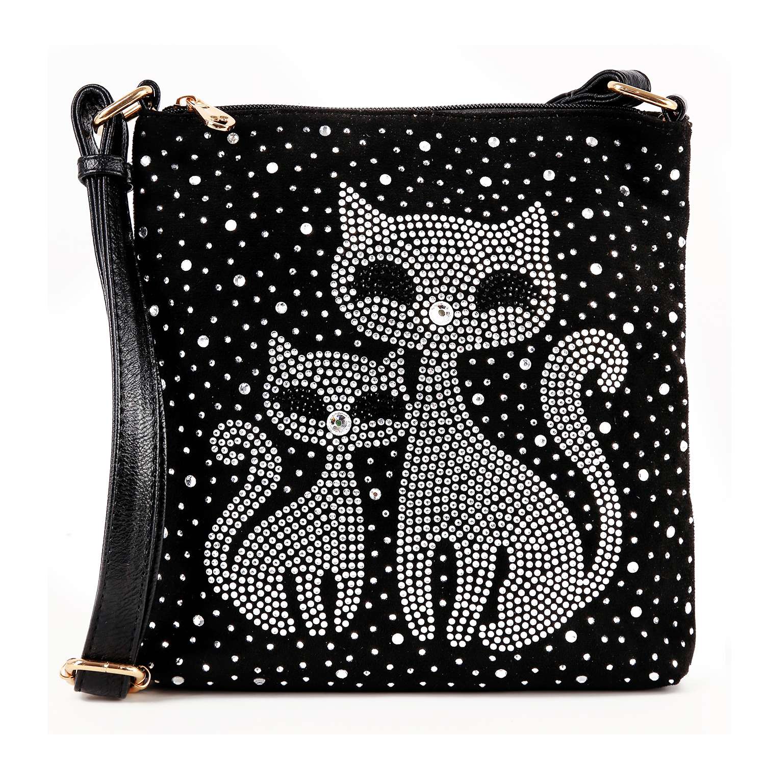 The Kitty Cat Sparkling Crossbody Sling is a chic black faux leather handbag adorned with rhinestones, two stylized cats, small dot accents, a black strap, and gold-colored hardware—perfect for feline lovers.