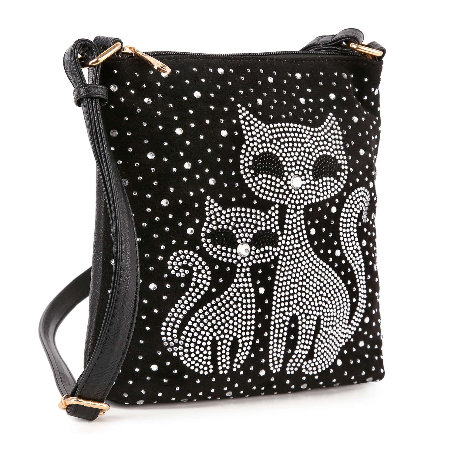 The Kitty Cat Sparkling Crossbody Sling is a chic black faux leather bag with two rhinestone cat designs, sparkling dot accents, an adjustable black strap, and gold-tone hardware.