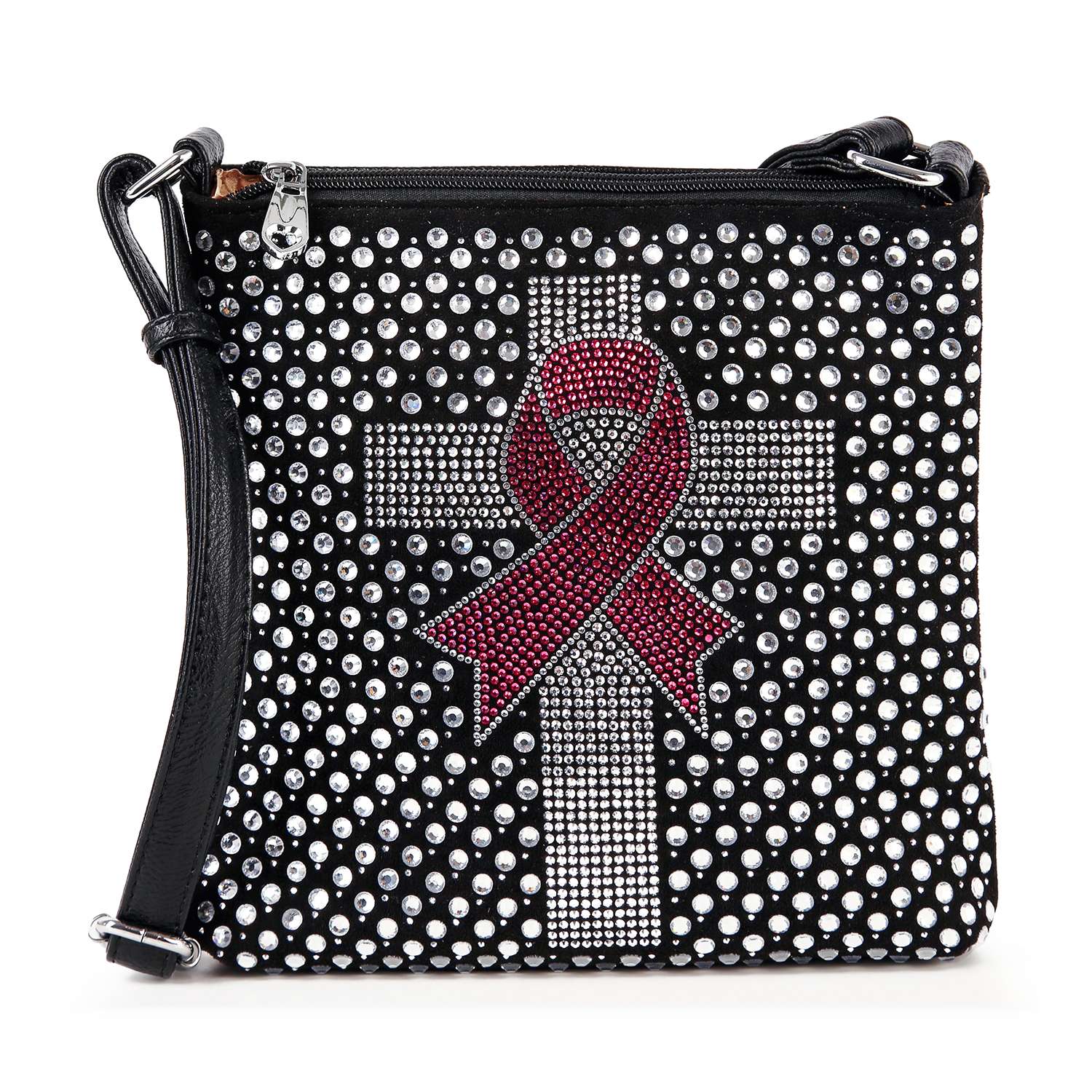 The Rhinestone Bling Breast Cancer Crossbody Sling features a bold red awareness ribbon, studded cross, rhinestone accents, black strap, and top zipper—perfect for supporting Breast Cancer Awareness in sparkling style.
