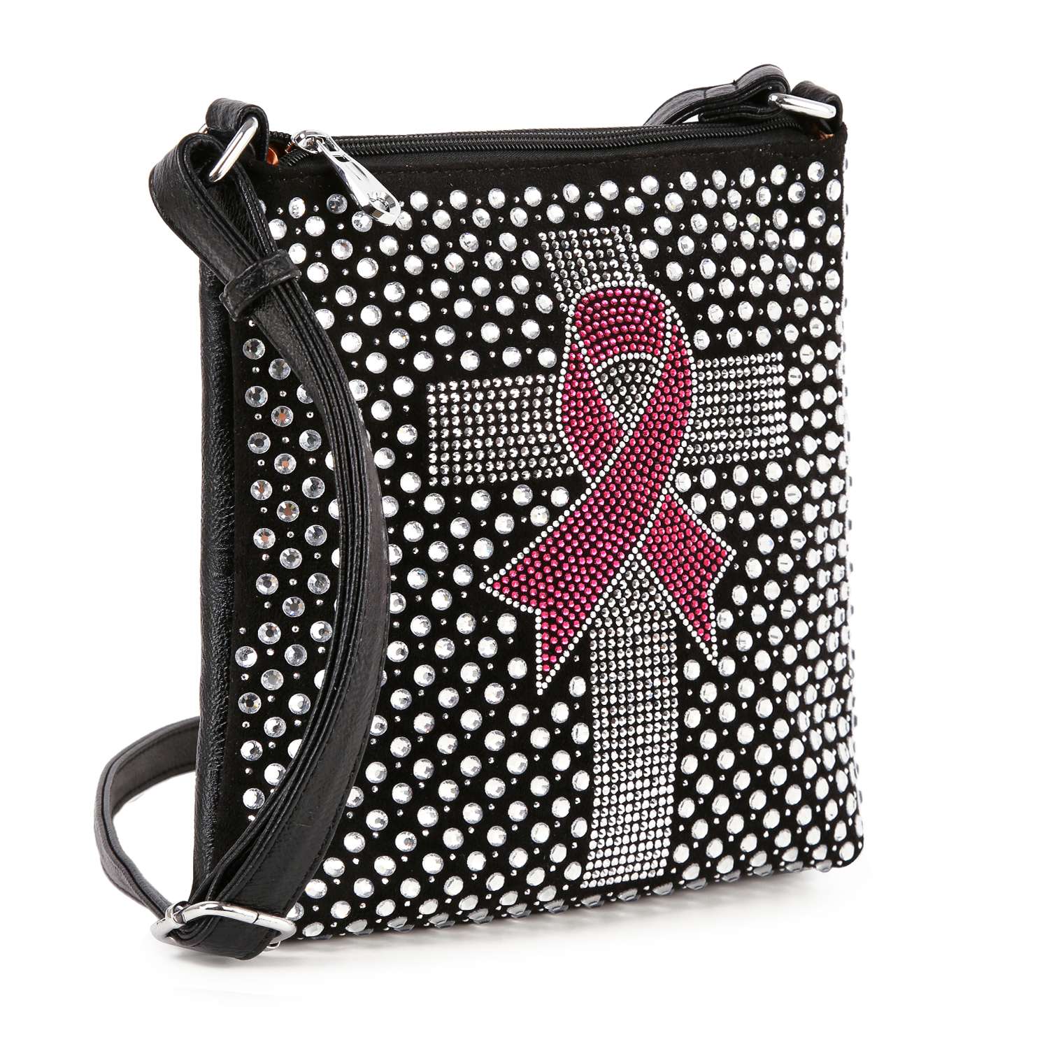 The Rhinestone Bling Breast Cancer Crossbody Sling features faux leather, silver studs, a large rhinestone cross, and a pink rhinestone ribbon accent on the front.