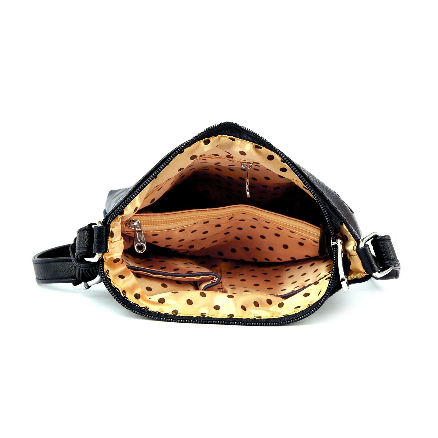 The Rhinestone Bling Breast Cancer Crossbody Sling is shown from above with its top unzipped, revealing a beige interior lining with black polka dots, a zippered pocket, and an open pouch inside.