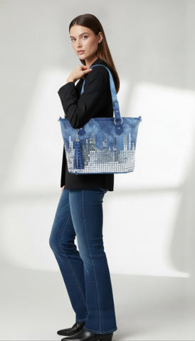 Rhinestone Skyline Tote Handbag