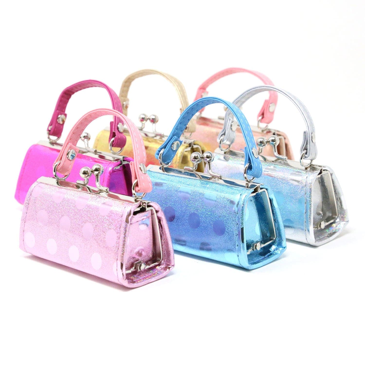 The Patent Polka Dot Print Lipstick Case Assorted Set includes five shiny faux leather cases with metal clasps and handles in pink, gold, blue, silver, and light pink polka dot designs—perfect for cosmetics or lipstick.