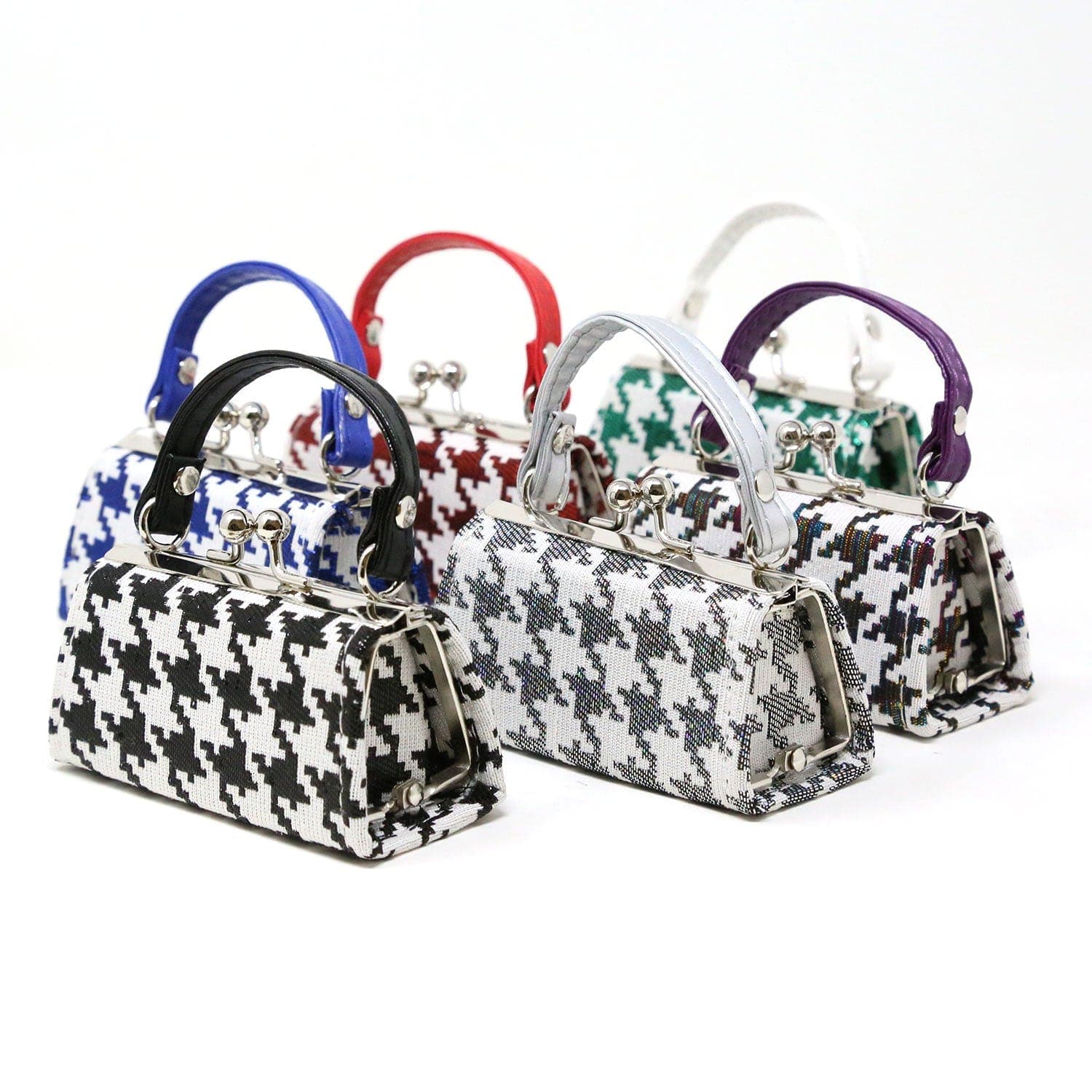 The Houndstooth Print Lipstick Case Assorted Set includes five small faux leather cases in black, blue, red, green, and purple, each with a matching handle and A-frame clasp. Displayed together on a white background.