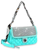Scarf Accented Sparkling Top Flap Shoulder Bag - Light Turquoise
