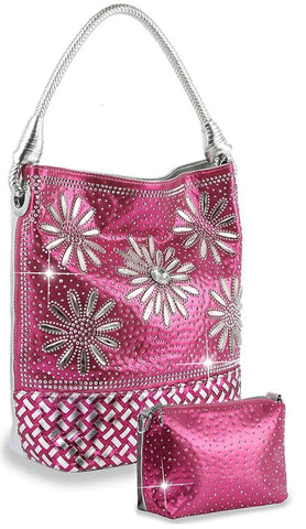 Daisy Rhinestone Tall Hobo Handbag Set - Fuchsia