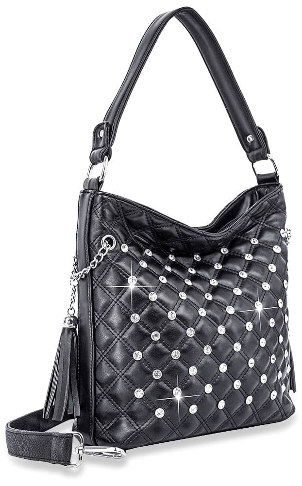 Studded Rhinestone Quilted Hobo  - Black