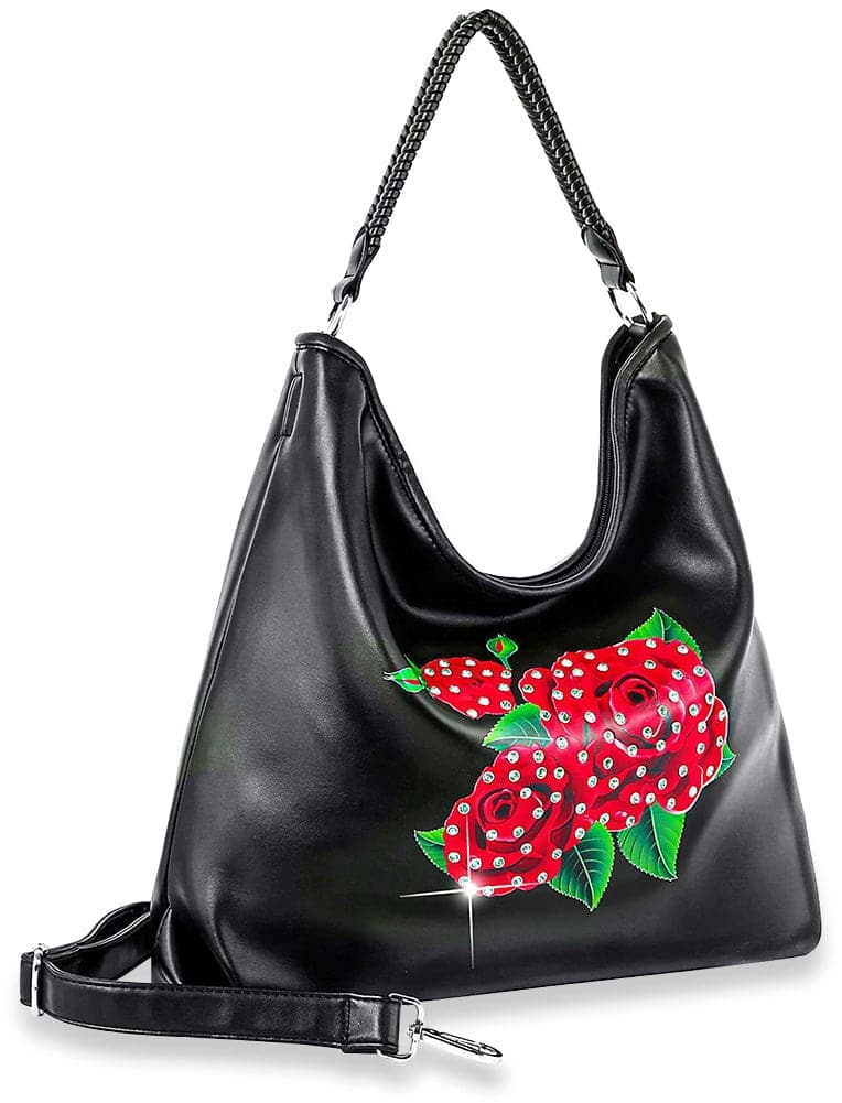 Graphic Rose Print Hobo Handbag - Black