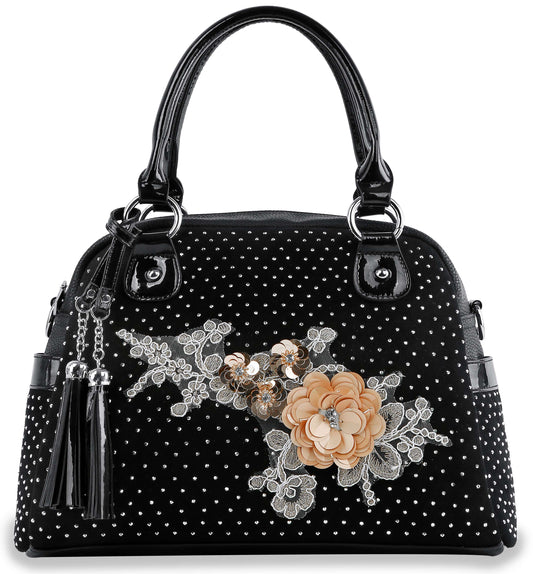 Raised Floral Design Satchel Handbag - Black