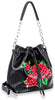 Graphic Rose Print Drawstring Hobo Handbag - Black