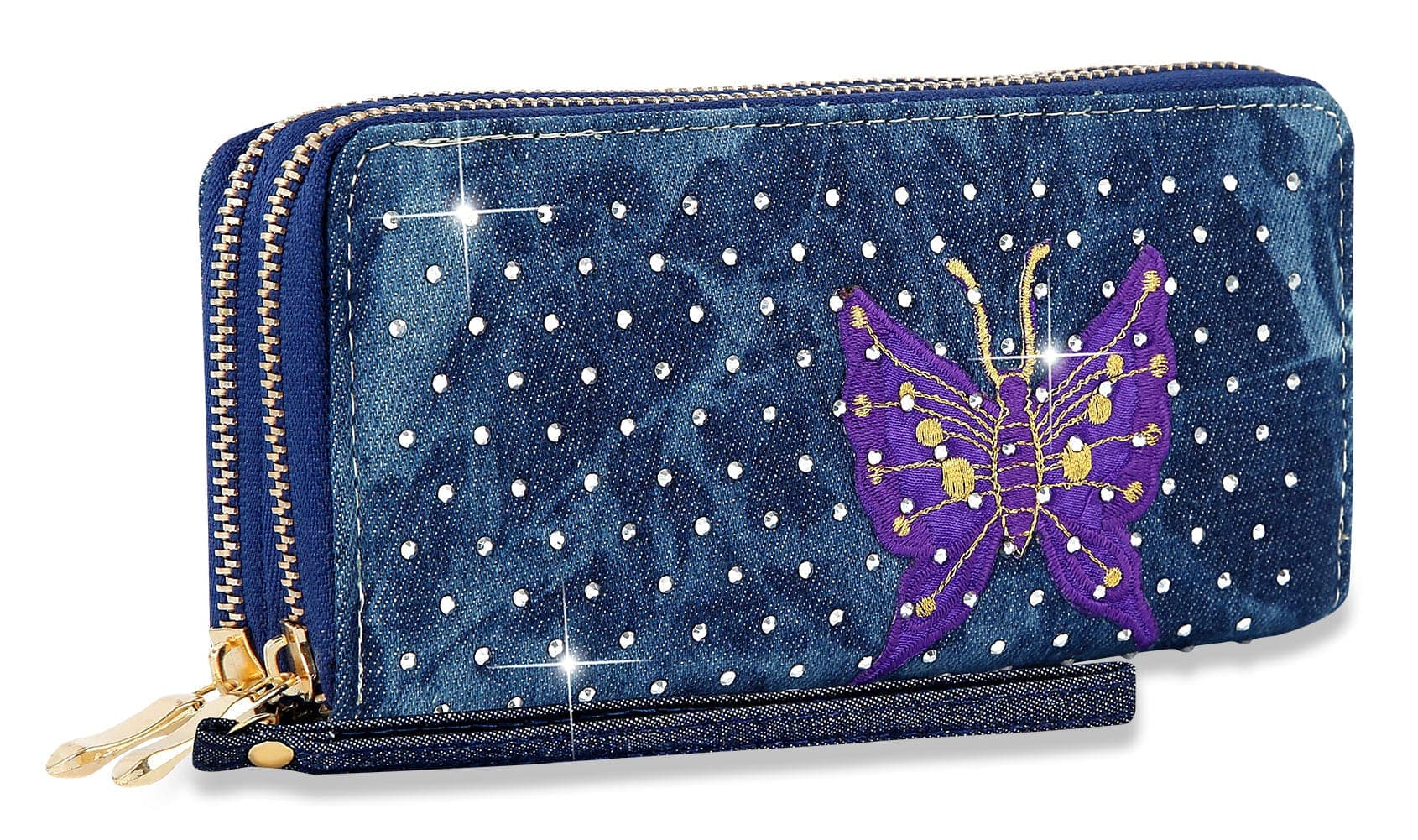 Decorative Denim Butterfly Wristlet Wallet - Purple