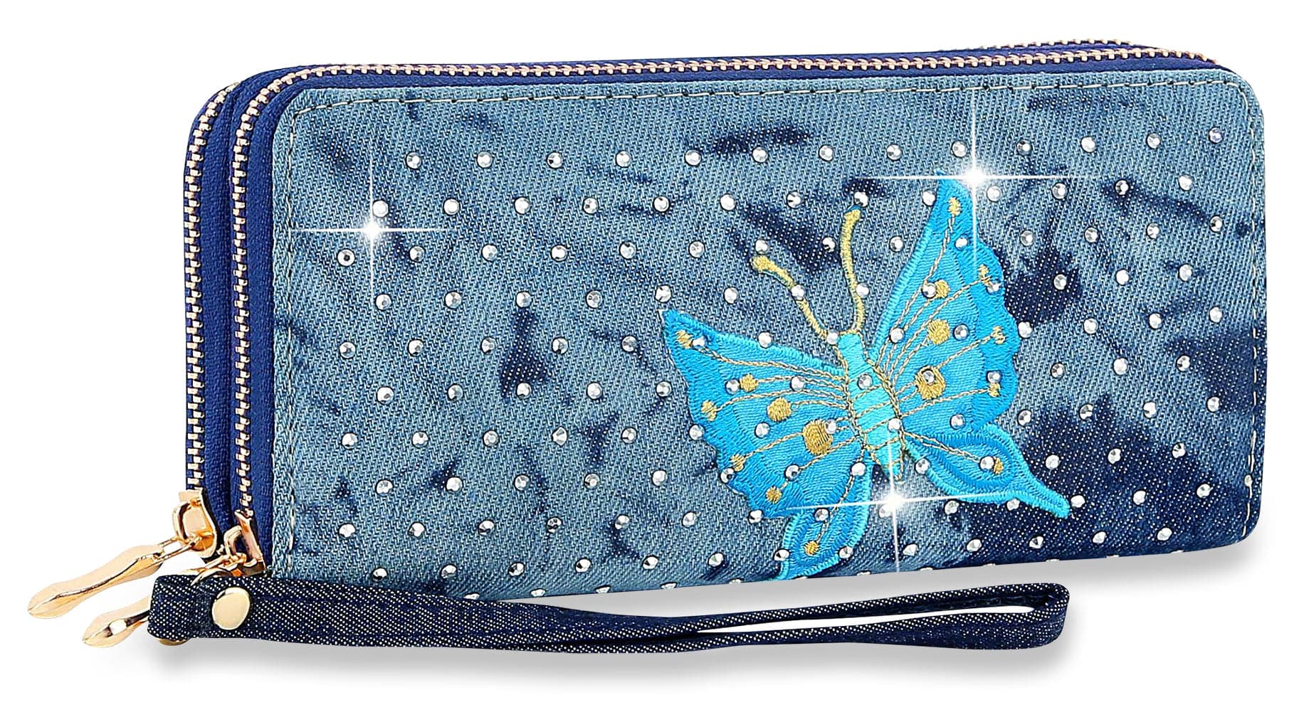 Decorative Denim Butterfly Wristlet Wallet - Turquoise