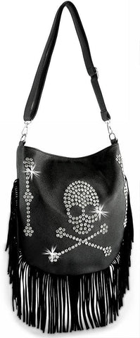 Skull Design Fringed Rhinestone Hobo - Black