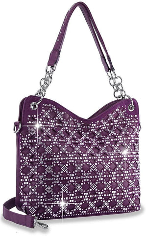Patterned Rhinestone Fashion Handbag - Purple