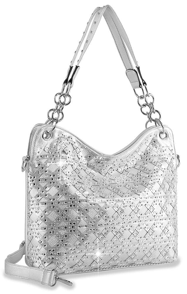 Patterned Rhinestone Fashion Handbag - Silver