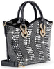 The Rhinestone Wave Design Elegant Tote Handbag in black faux leather shines with silver and white rhinestones, gold hardware, double handles, detachable shoulder strap, and tablet compatibility. It sparkles beautifully under the light.