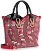 The Rhinestone Wave Design Elegant Tote Handbag features black handles, gold hardware, and a red and white wavy rhinestone pattern with square studs. Tablet compatible, it includes a detachable red shoulder strap for versatile style.