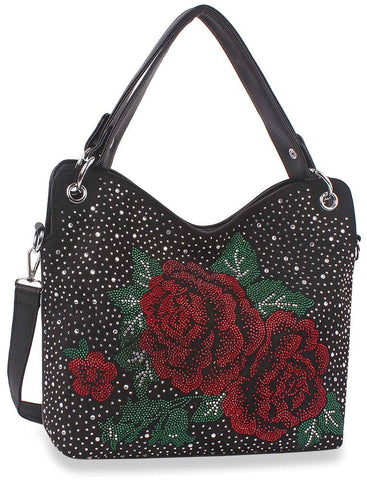 Rose Design Rhinestone Shoulder Bag - Black