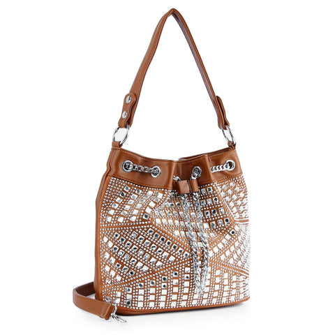 Rhinestone Bling Drawstring Hobo - Cognac