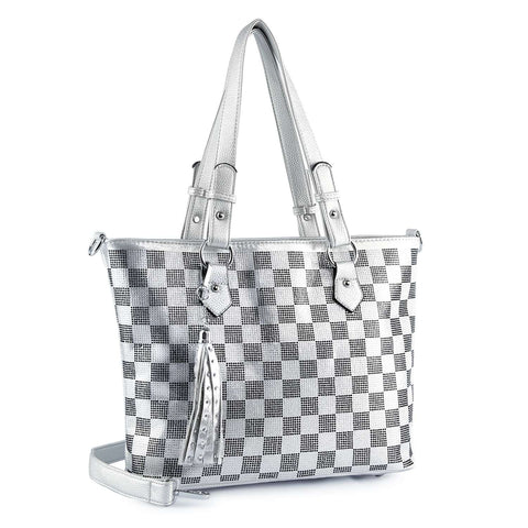 Checkerboard Bling Tote Handbag - Silver
