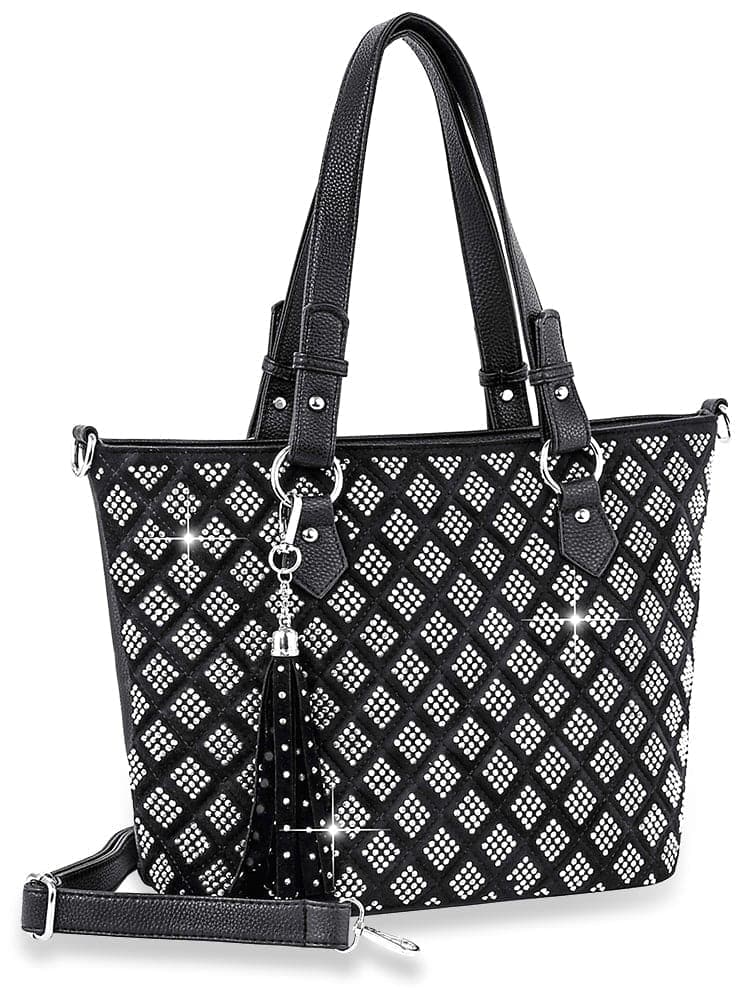 Quilted Rhinestone Patterned Tote - Black