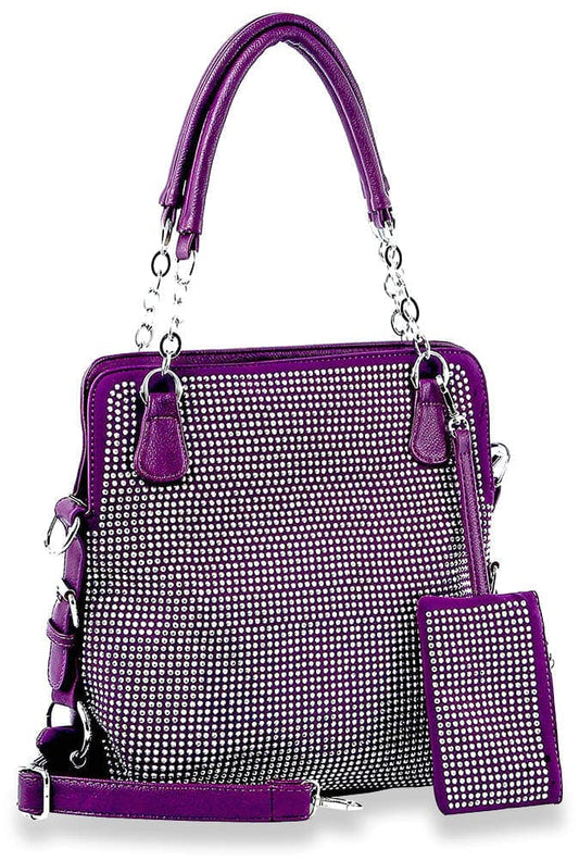 Rhinestone Covered Accessorized Tote - Purple