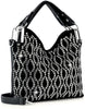 The Rhinestone Design Fashion Handbag is a black faux leather bag with a detachable shoulder strap, showcasing a shiny geometric pattern of silver studs and rhinestones in a chic, wavy interlocking design.