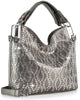 The Rhinestone Design Fashion Handbag features a metallic silver faux leather finish, geometric reflective pattern, dual handles, detachable shoulder strap, and shiny hardware—a modern accessory with a shimmering surface for stylish outings.